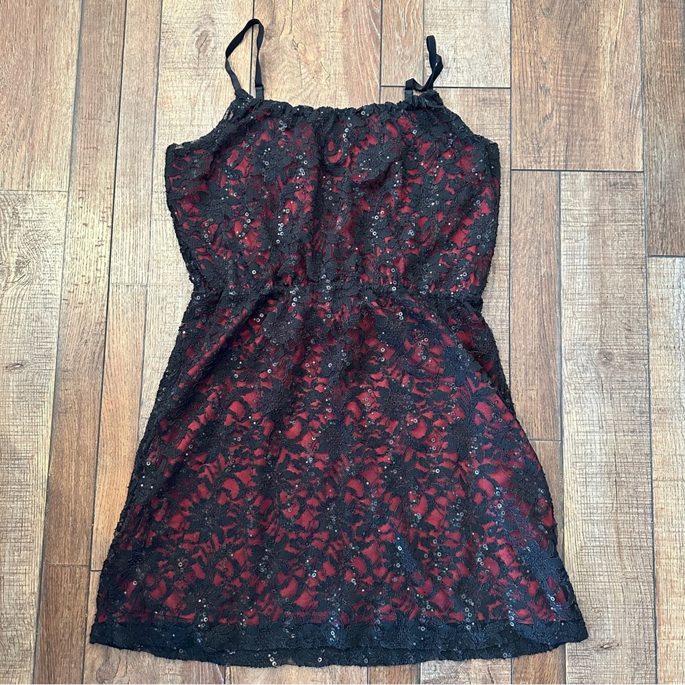Studio Y Black Lace/Red Slip Dress, ~L